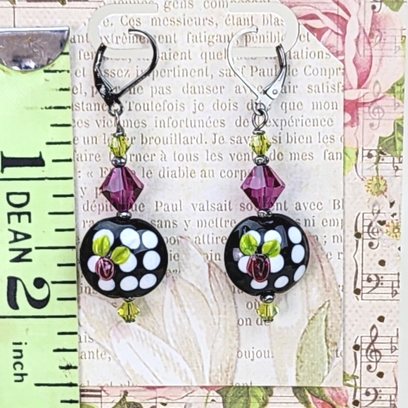 Black, Pink, & White Blown Glass Floral Dangle Earrings with Swarovski Crystals - Picture 2 of 2